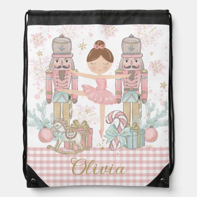 Whimsical Nutcracker Pastel Pink Christmas Ballet Drawstring Bag (Front)