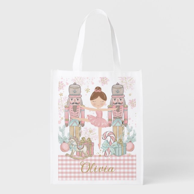 Whimsical Nutcracker Pastel Pink Christmas Ballet Grocery Bag (Front)