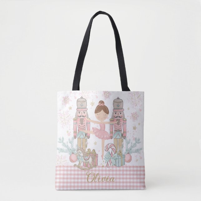 Whimsical Nutcracker Pastel Pink Christmas Ballet Tote Bag (Front)