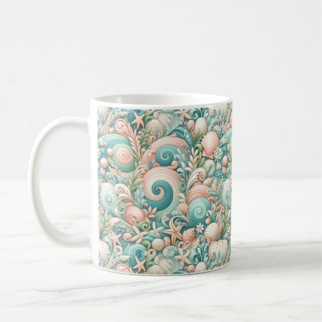 Whimsical Ocean Breeze: Pastel Sea Swirls in Cotta Coffee Mug (Left)