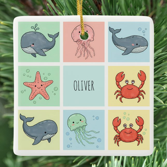 Whimsical Ocean Friends Doodles Ceramic Ornament (Creator Uploaded)