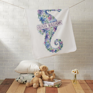 Whimsical Ocean Seahorse Botanical Flowers Baby Blanket