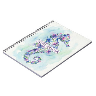 Whimsical Ocean Seahorse Botanical Flowers Notebook