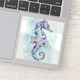 Whimsical Ocean Seahorse Botanical Flowers Sticker