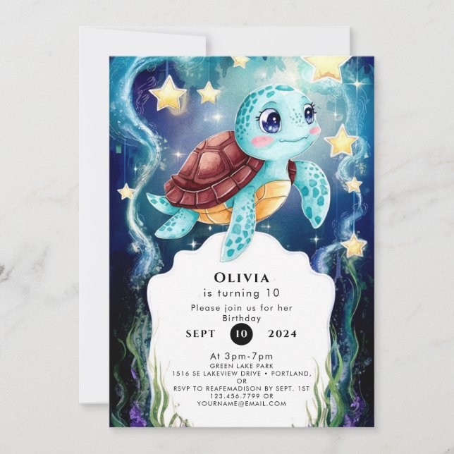 Whimsical Ocean Underwater Turtle Birthday Invitation (Front)