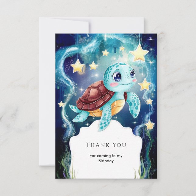 Whimsical Ocean Underwater Turtle Birthday Thank You Card (Front)