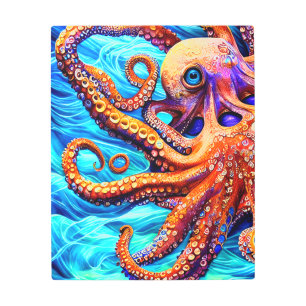 Whimsical Octopus Blue Ocean Wave Cubism Metal Print