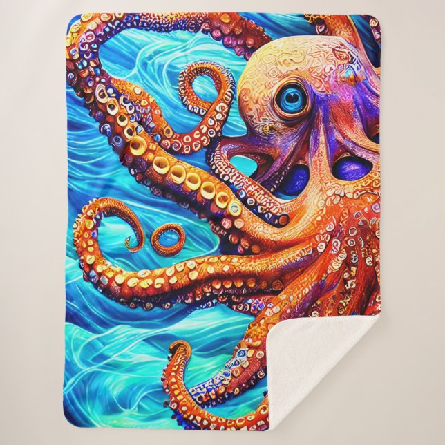 Whimsical Octopus Blue Ocean Wave Cubism Sherpa Blanket (Front)