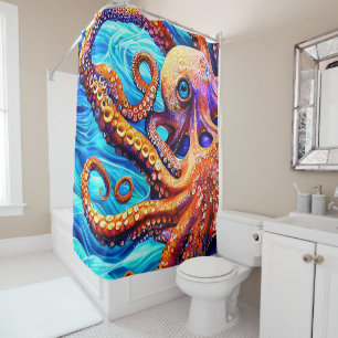 Whimsical Octopus Blue Ocean Wave Cubism Shower Curtain