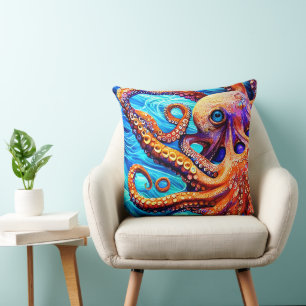 Whimsical Octopus Blue Ocean Wave Cubism  Throw Pillow