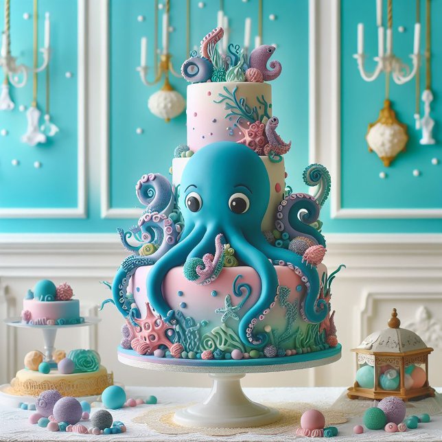 WHIMSICAL OCTOPUS DECORATED KIDS BIRTHDAY CAKE CARD (Creator Uploaded)