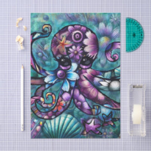 Whimsical Octopus Floral Teal Coastal Decoupage Tissue Paper