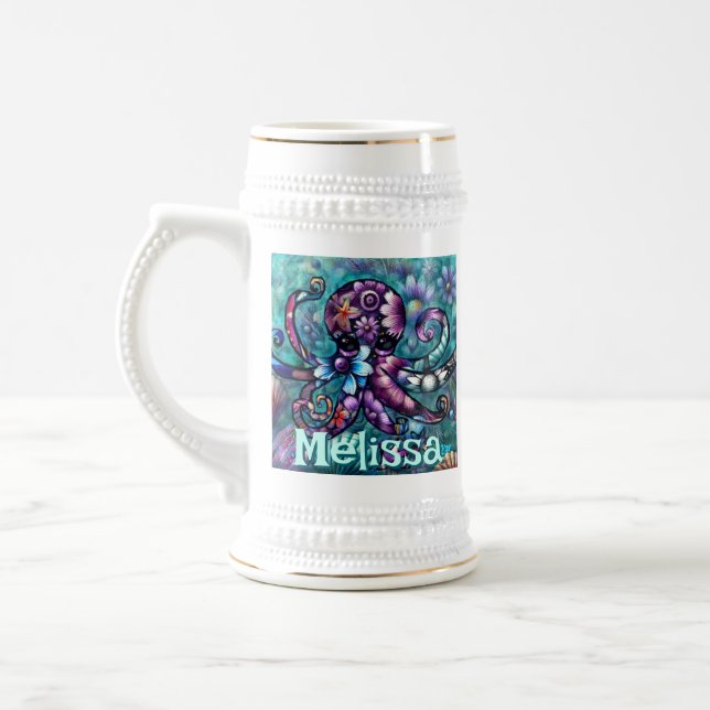 Whimsical Octopus Floral Teal Coastal Personalized Beer Stein (Left)