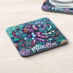 Whimsical Octopus Floral Teal Coastal Personalized Beverage Coaster