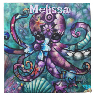 Whimsical Octopus Floral Teal Coastal Personalized Cloth Napkin