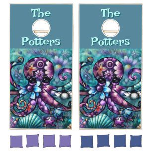 Whimsical Octopus Floral Teal Coastal Personalized Cornhole Set