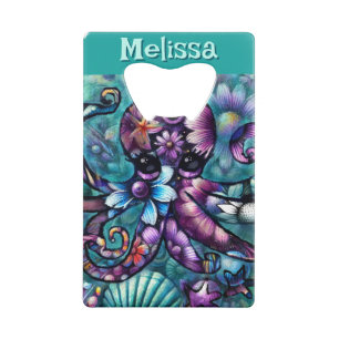 Whimsical Octopus Floral Teal Coastal Personalized Credit Card Bottle Opener