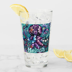 Whimsical Octopus Floral Teal Coastal Personalized Glass