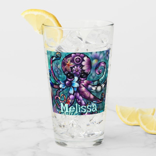 Whimsical Octopus Floral Teal Coastal Personalized Glass (Front Ice)