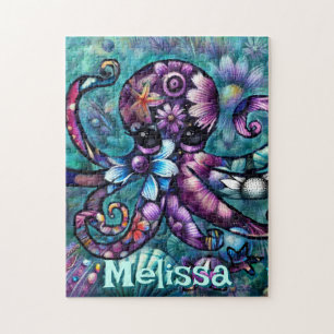 Whimsical Octopus Floral Teal Coastal Personalized Jigsaw Puzzle