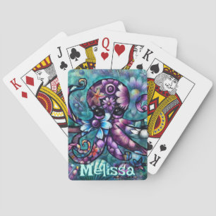 Whimsical Octopus Floral Teal Coastal Personalized Poker Cards