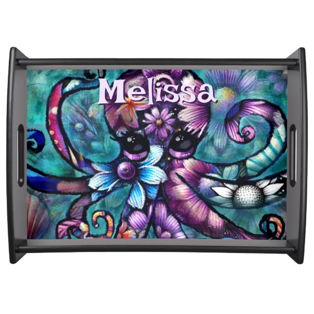 Whimsical Octopus Floral Teal Coastal Personalized Serving Tray (Front)
