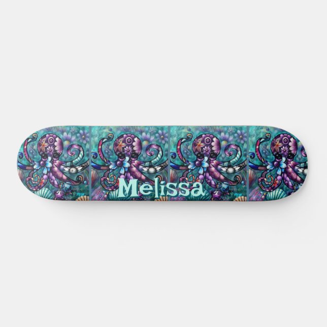 Whimsical Octopus Floral Teal Coastal Personalized Skateboard (Horz)