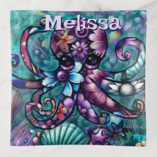 Whimsical Octopus Floral Teal Coastal Personalized Trinket Tray
