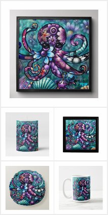 Whimsical Octopus Floral Teal Purple Blue Coastal