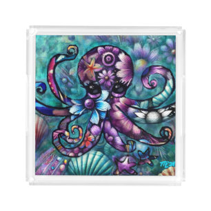 Whimsical Octopus Floral Teal Purple Blue Coastal Acrylic Tray