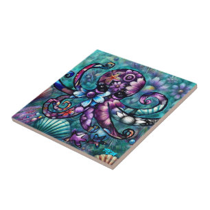Whimsical Octopus Floral Teal Purple Blue Coastal Ceramic Tile