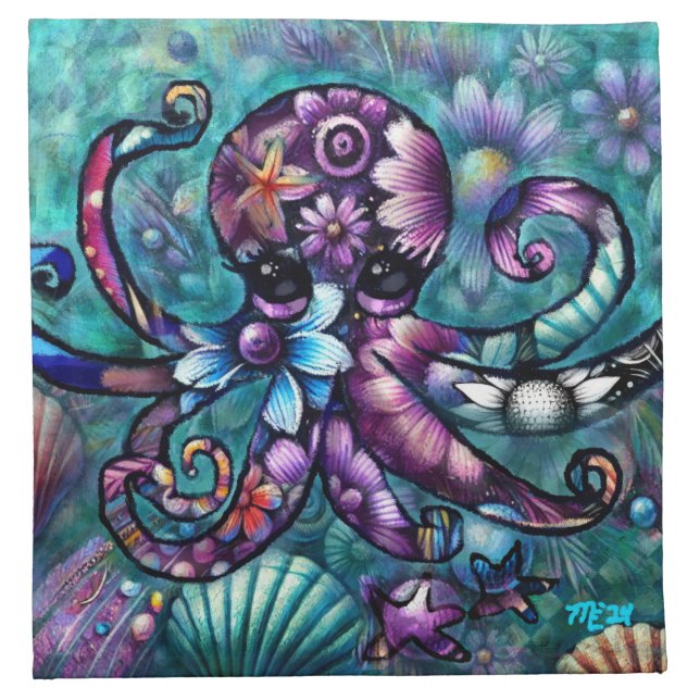 Whimsical Octopus Floral Teal Purple Blue Coastal Cloth Napkin (Front)