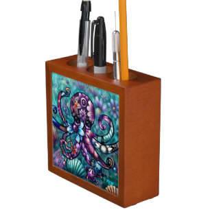 Whimsical Octopus Floral Teal Purple Blue Coastal Desk Organizer