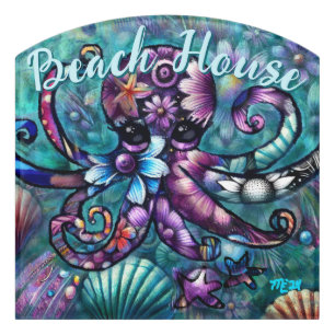 Whimsical Octopus Floral Teal Purple Blue Coastal Door Sign