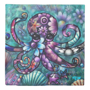 Whimsical Octopus Floral Teal Purple Blue Coastal Duvet Cover