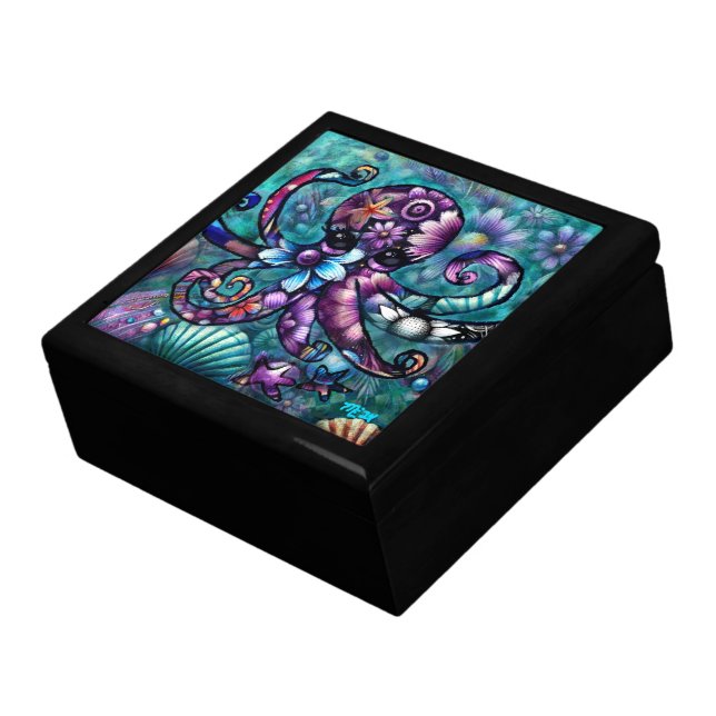 Whimsical Octopus Floral Teal Purple Blue Coastal Gift Box (Side)