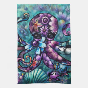 Whimsical Octopus Floral Teal Purple Blue Coastal Kitchen Towel