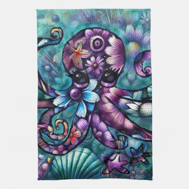 Whimsical Octopus Floral Teal Purple Blue Coastal Kitchen Towel (Vertical)