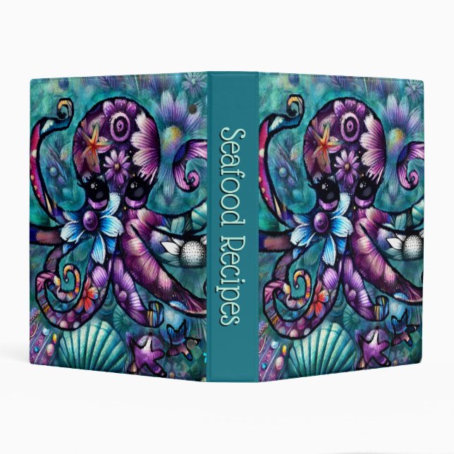 Whimsical Octopus Floral Teal Purple Blue Coastal Mini Binder (Background)