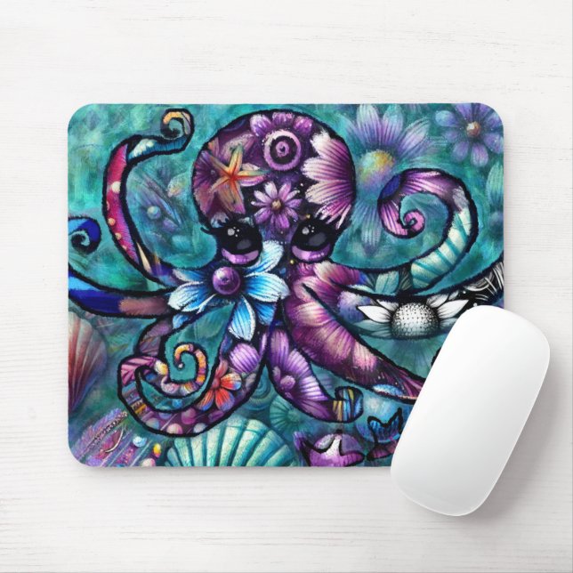Whimsical Octopus Floral Teal Purple Blue Coastal Mouse Pad (With Mouse)