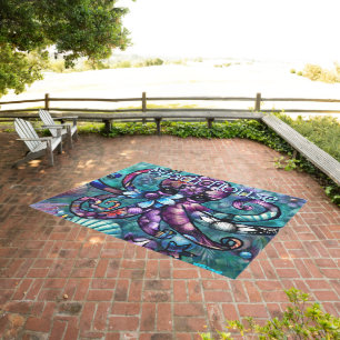 Whimsical Octopus Floral Teal Purple Blue Coastal Outdoor Rug