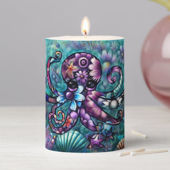 Whimsical Octopus Floral Teal Purple Blue Coastal Pillar Candle (In Situ)