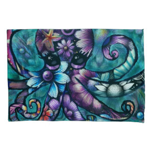 Whimsical Octopus Floral Teal Purple Blue Coastal Pillow Case