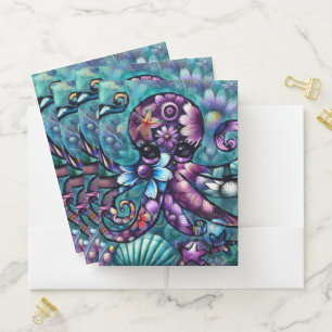 Whimsical Octopus Floral Teal Purple Blue Coastal Pocket Folder