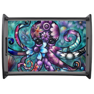 Whimsical Octopus Floral Teal Purple Blue Coastal Serving Tray