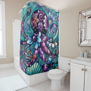 Whimsical Octopus Floral Teal Purple Blue Coastal Shower Curtain