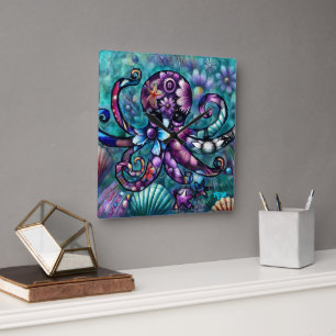 Whimsical Octopus Floral Teal Purple Blue Coastal Square Wall Clock