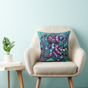 Whimsical Octopus Floral Teal Purple Blue Coastal Throw Pillow