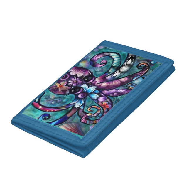 Whimsical Octopus Floral Teal Purple Blue Coastal Trifold Wallet (Bottom)