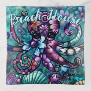 Whimsical Octopus Floral Teal Purple Blue Coastal Trinket Tray